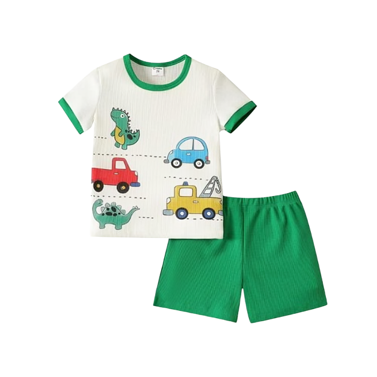 Green White Trucks Printed Kids Short Sleeve Kids Wear