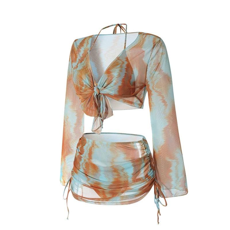 Dual Color Two Piece Tie Bikini With Shrug And Ruched Skirt Coverup By Sinderella