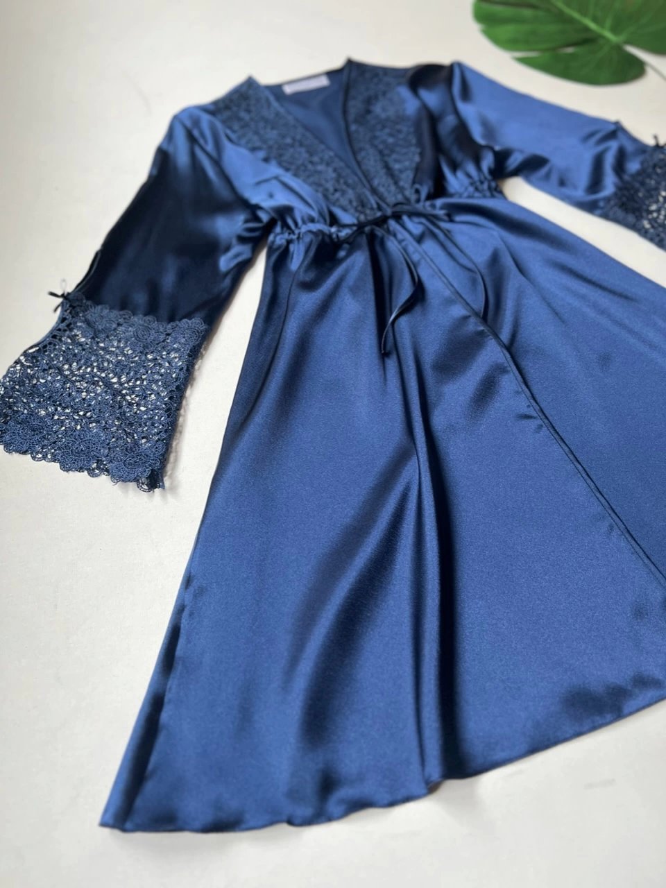 Navy Blue Guipure Detailed 6-Piece Satin Nightgown Dressing Gown Set