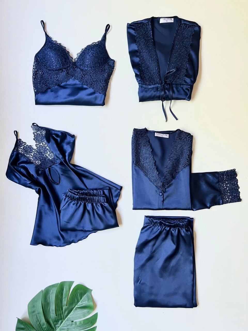 Navy Blue Guipure Detailed 6-Piece Satin Nightgown Dressing Gown Set