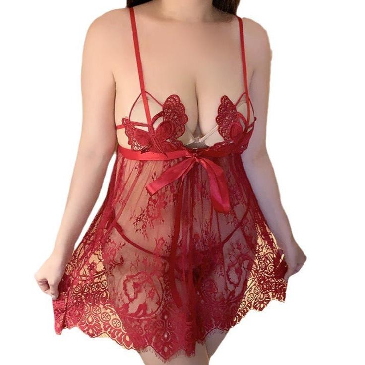 Plus Size Two Piece Lace Mesh Babydoll Lingerie Set