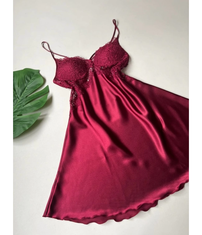 Turkish Detailed 6-Piece Satin Nightgown Dressing Gown Set Maroon