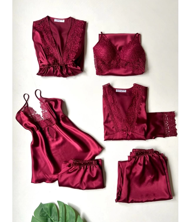 Turkish Detailed 6-Piece Satin Nightgown Dressing Gown Set Maroon