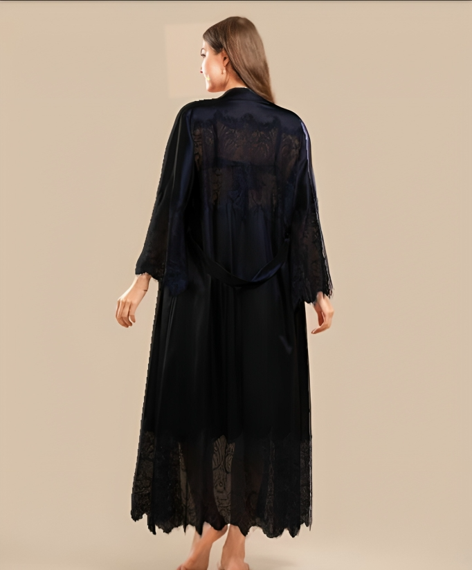 Long Satin & Lace Nightdress & Robe Set - Black