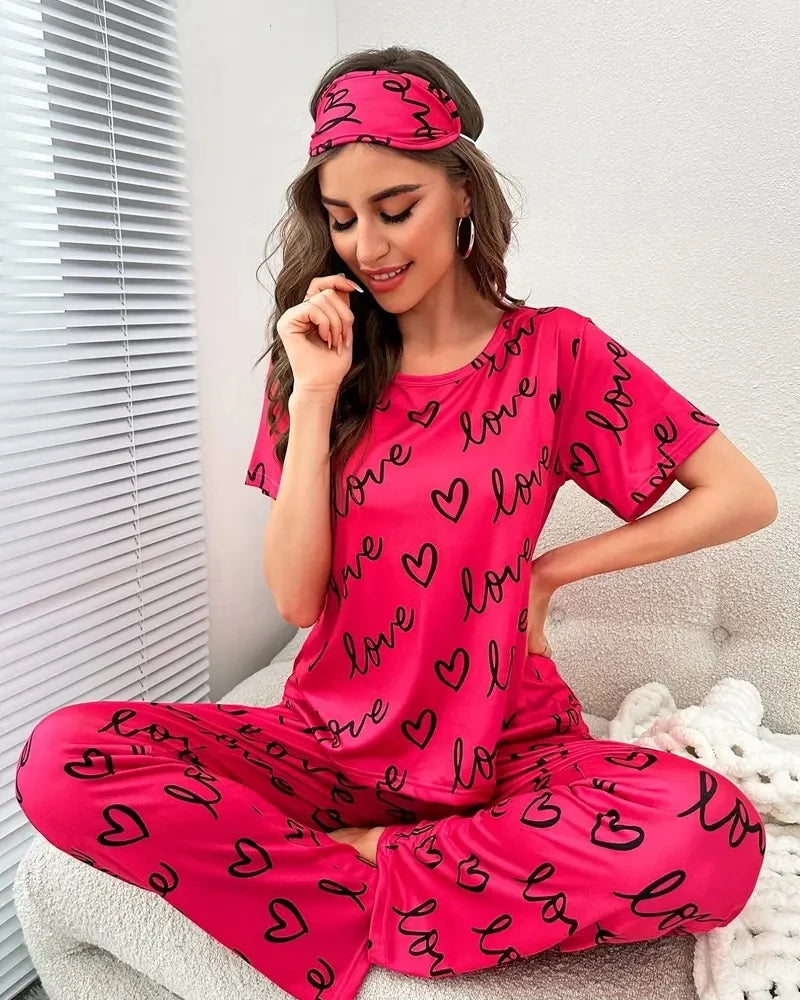 Heart Print Pajamas Set, Short Sleeve Crew Neck Top & Lounge Pants, Women's Sleepwear & Loungewear