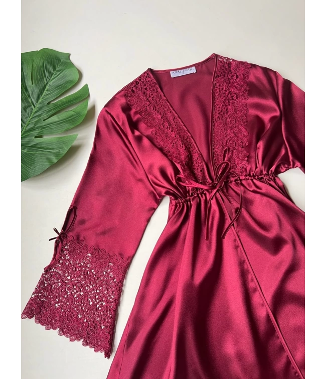 Turkish Detailed 6-Piece Satin Nightgown Dressing Gown Set Maroon