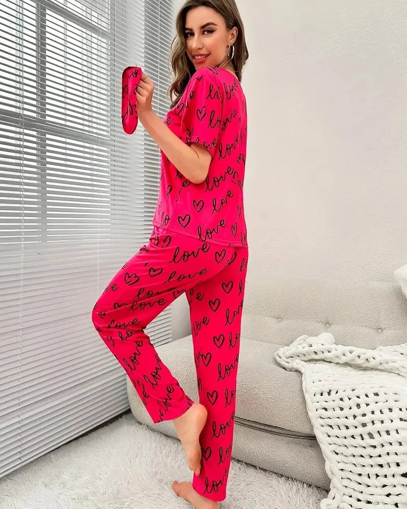 Heart Print Pajamas Set, Short Sleeve Crew Neck Top & Lounge Pants, Women's Sleepwear & Loungewear