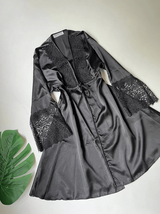 Black Guipure Detailed 6-Piece Satin Nightgown Dressing Gown Set