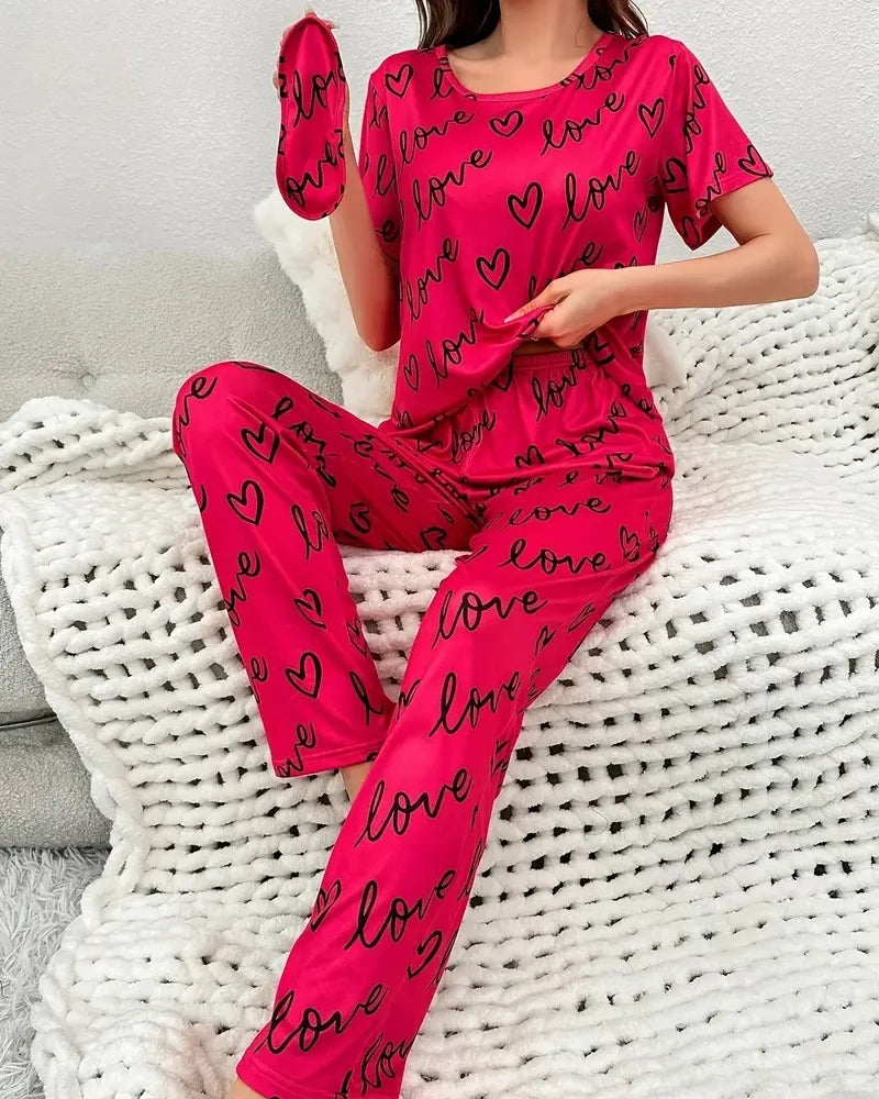 Heart Print Pajamas Set, Short Sleeve Crew Neck Top & Lounge Pants, Women's Sleepwear & Loungewear