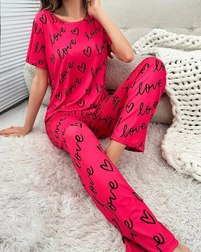 Heart Print Pajamas Set, Short Sleeve Crew Neck Top & Lounge Pants, Women's Sleepwear & Loungewear