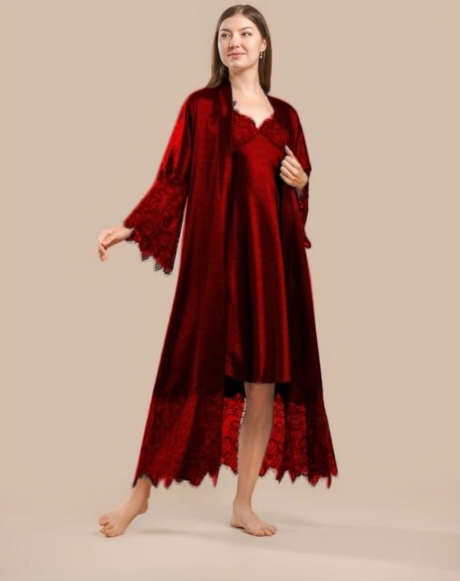 Long Satin & Lace Nightdress & Robe Set - Purple