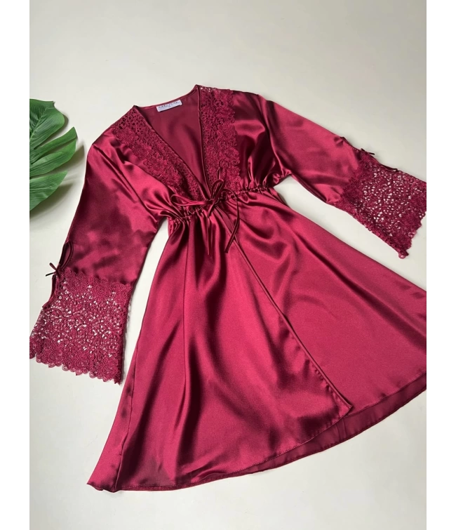 Turkish Detailed 6-Piece Satin Nightgown Dressing Gown Set Maroon