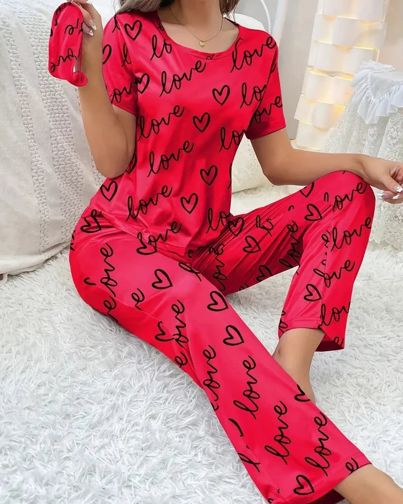 Heart Print Pajamas Set, Short Sleeve Crew Neck Top & Lounge Pants, Women's Sleepwear & Loungewear