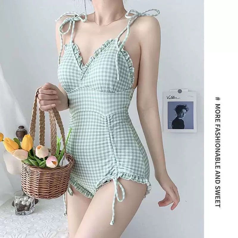 Ruched Gingham Design With Tie up Strap Monokini By Sinderella